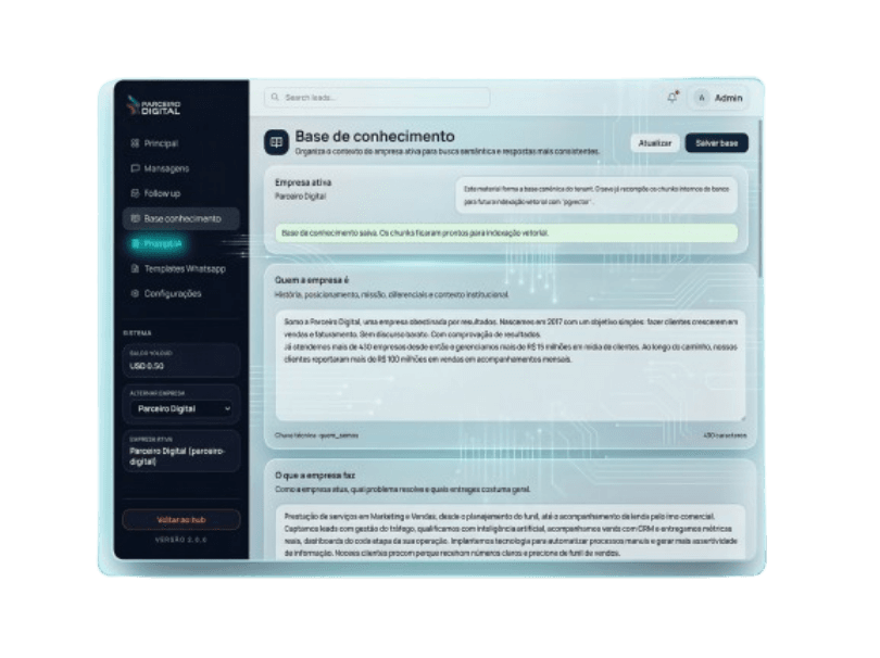 Tela original do SDR-IA com a base de conhecimento e recursos de apoio à operação.